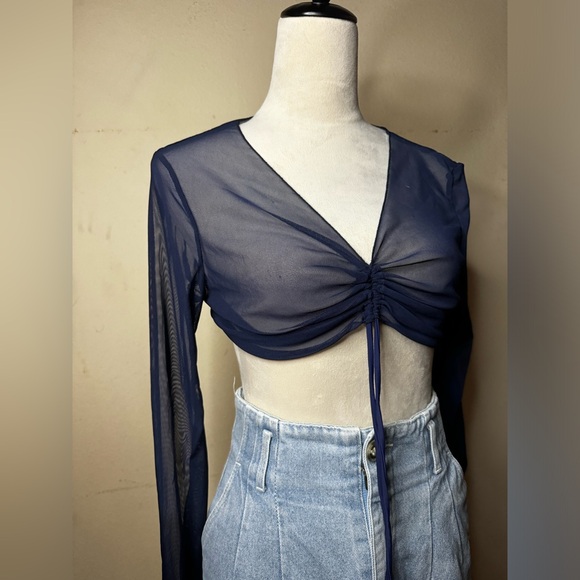 Mesh Sheer long Sleeve Crop Top with ties underbust v neck fishnet ruched noir - Picture 1 of 8